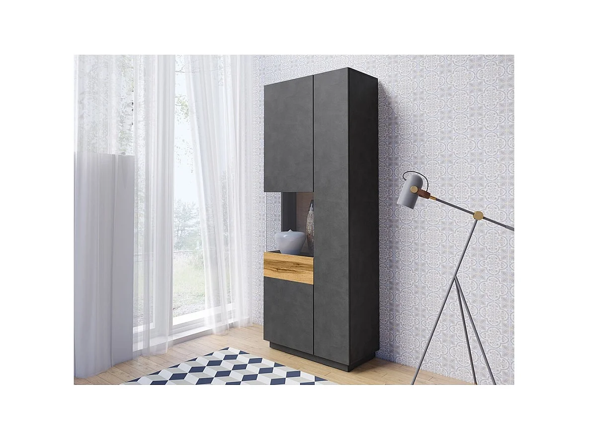 Ensemble de salon vitrine et buffet collection KILES. Coloris gris anthracite et chêne.