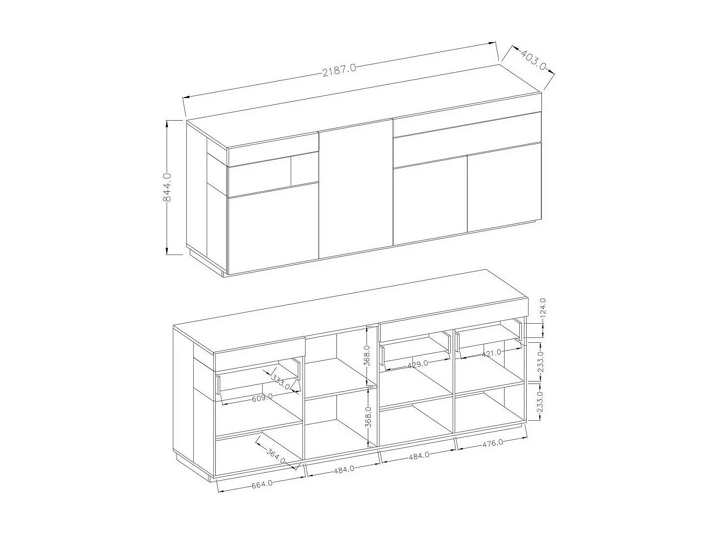 Salonset vitrinekast en buffet collectie KILES. Kleur antracietgrijs en eiken.