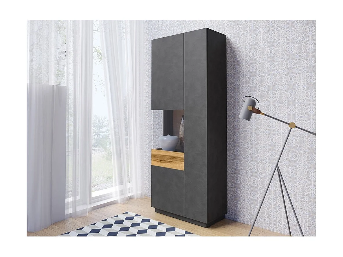Salonset vitrinekast en buffet collectie KILES. Kleur antracietgrijs en eiken.
