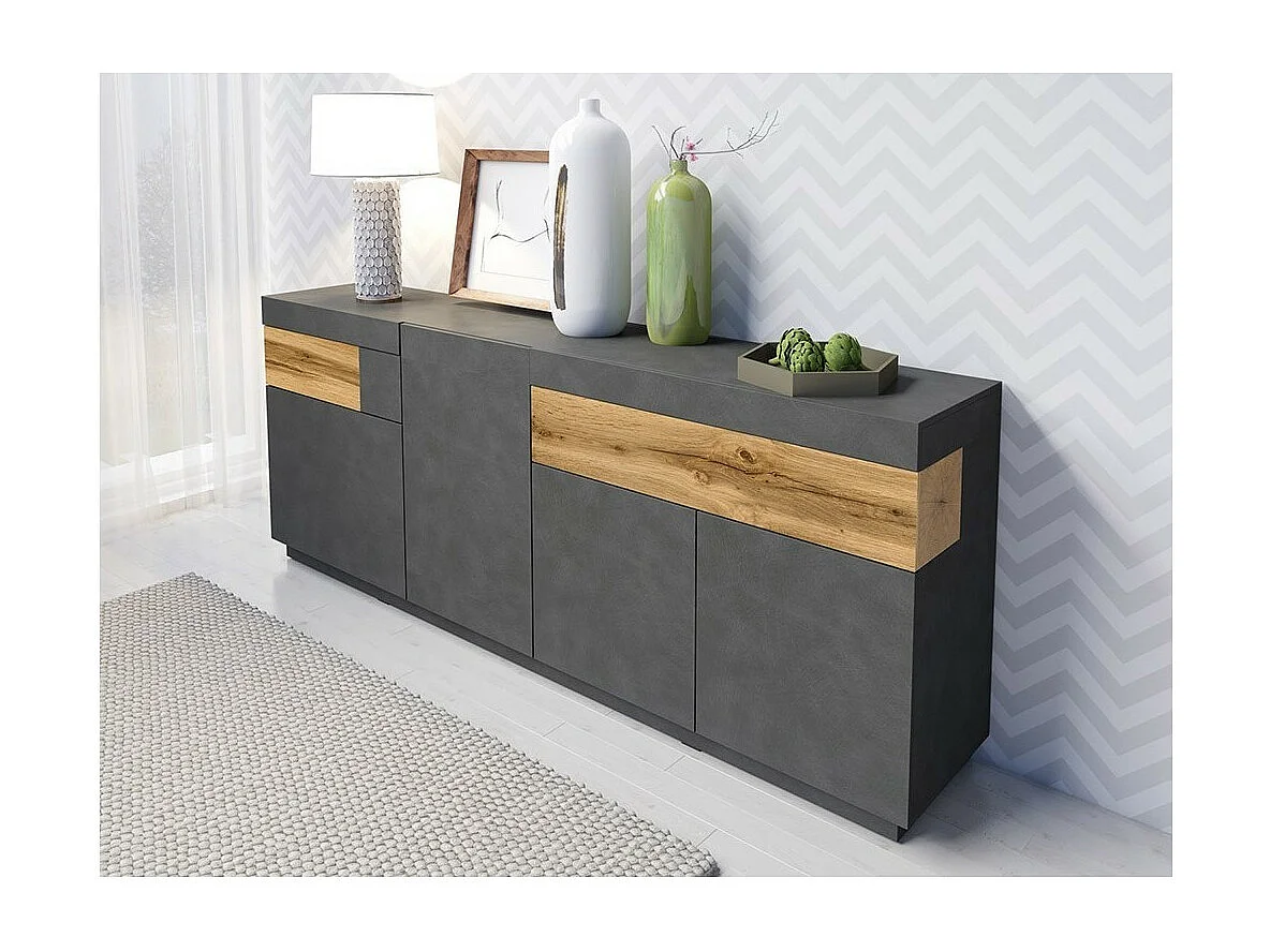 Salonset vitrinekast en buffet collectie KILES. Kleur antracietgrijs en eiken.