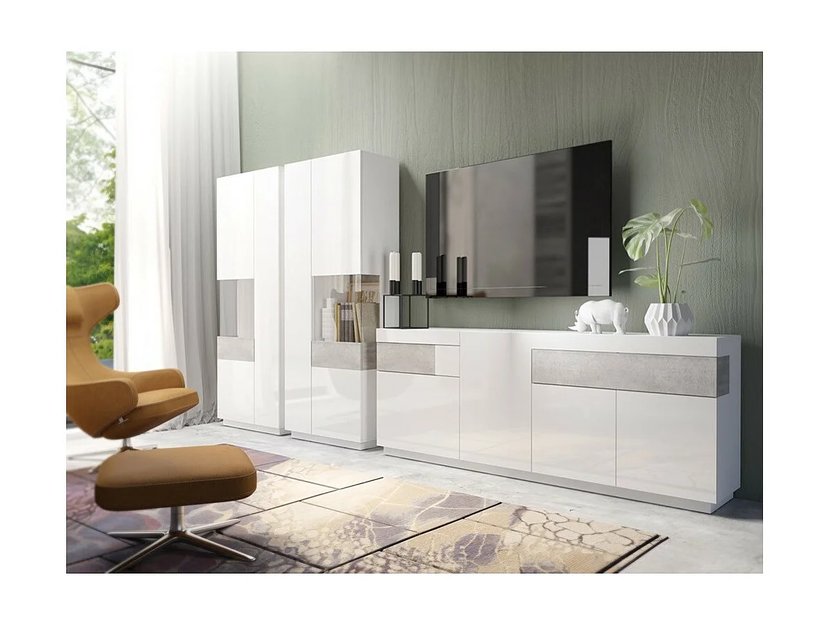 Ensemble de salon vitrine et buffet collection KILES. Coloris blanc et gris.