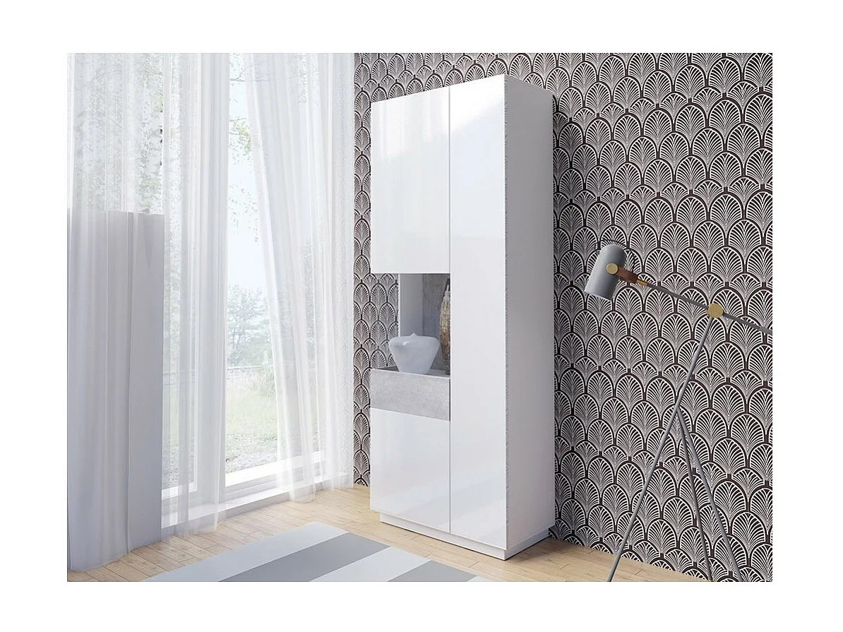 Ensemble de salon vitrine et buffet collection KILES. Coloris blanc et gris.