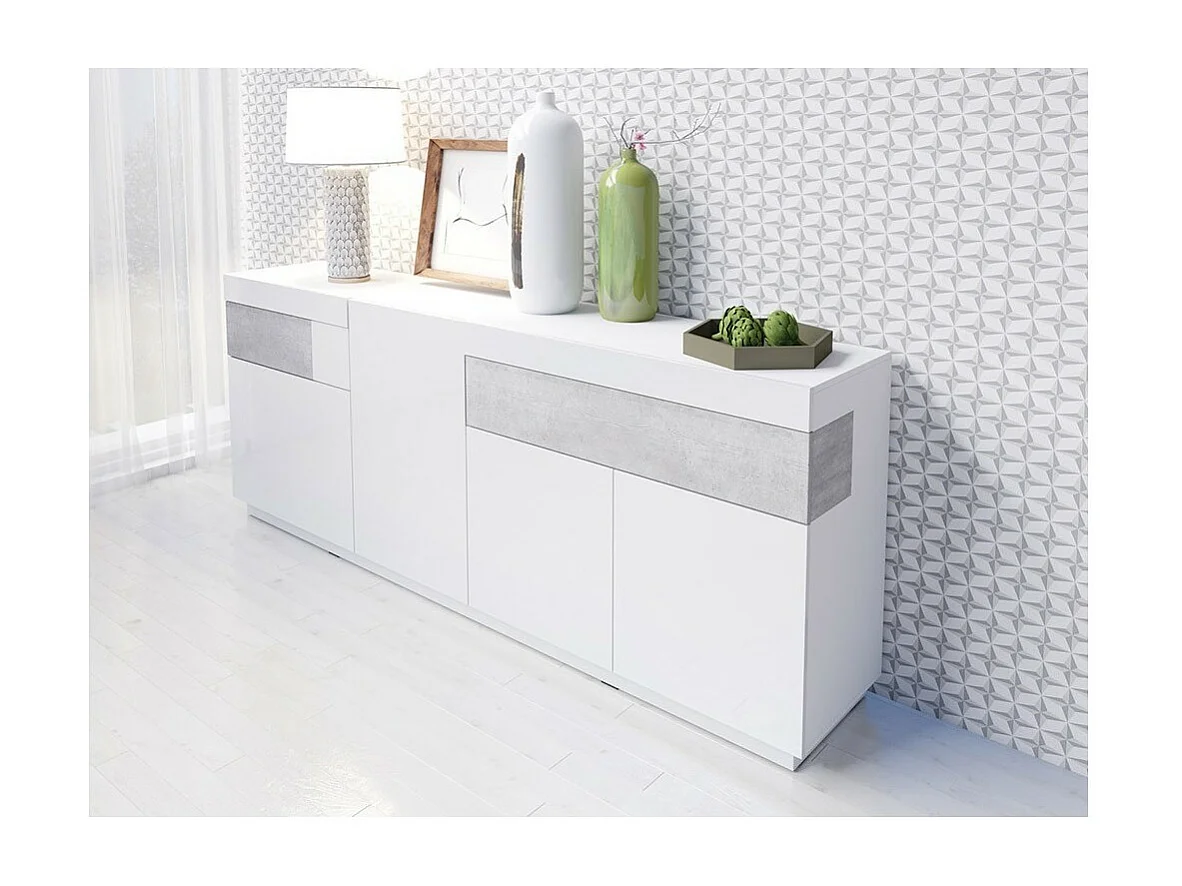 Ensemble de salon vitrine et buffet collection KILES. Coloris blanc et gris.