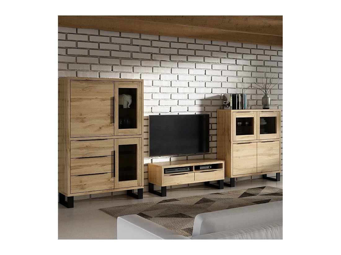 Ensemble 3 meubles de salon collection MILO. Coloris chêne. Style industriel