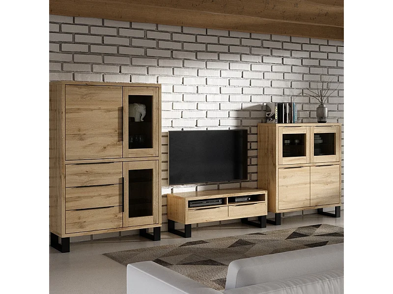 Ensemble 3 meubles de salon collection MILO. Coloris chêne. Style industriel