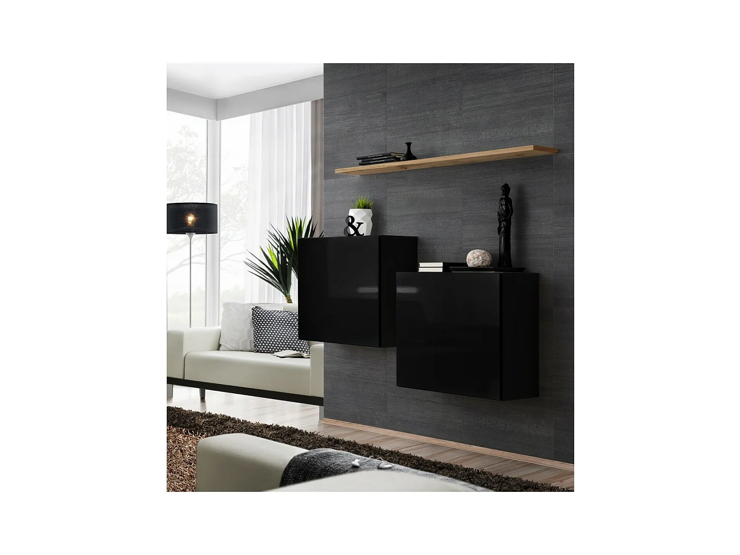Ensemble meubles de salon SWITCH SBI design, coloris noir brillant et étagère chêne Wotan.