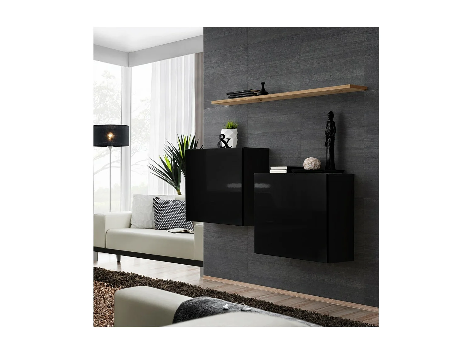 Ensemble meubles de salon SWITCH SBI design, coloris noir brillant et étagère chêne Wotan.