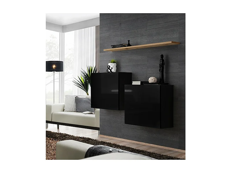 Ensemble meubles de salon SWITCH SBI design, coloris noir brillant et étagère chêne Wotan.