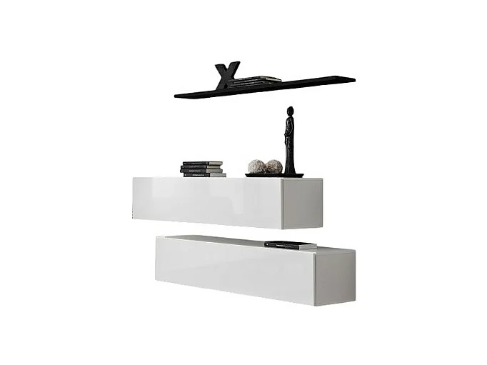 Wohnzimmermöbelset SWITCH SBII Design, in glänzend weißer Farbe und mit schwarzem Regal.