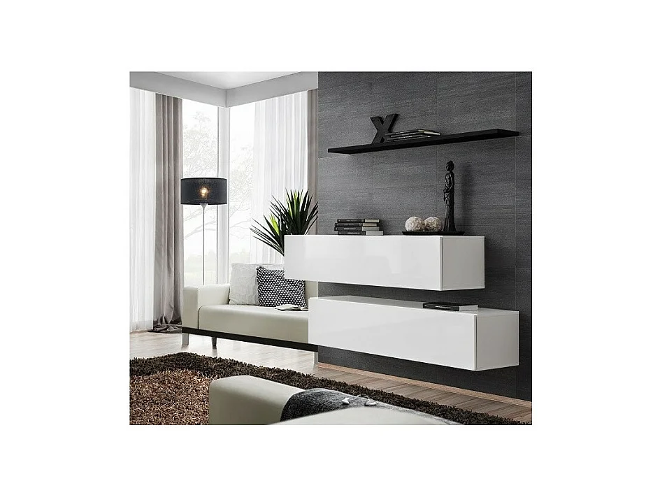Wohnzimmermöbelset SWITCH SBII Design, in glänzend weißer Farbe und mit schwarzem Regal.