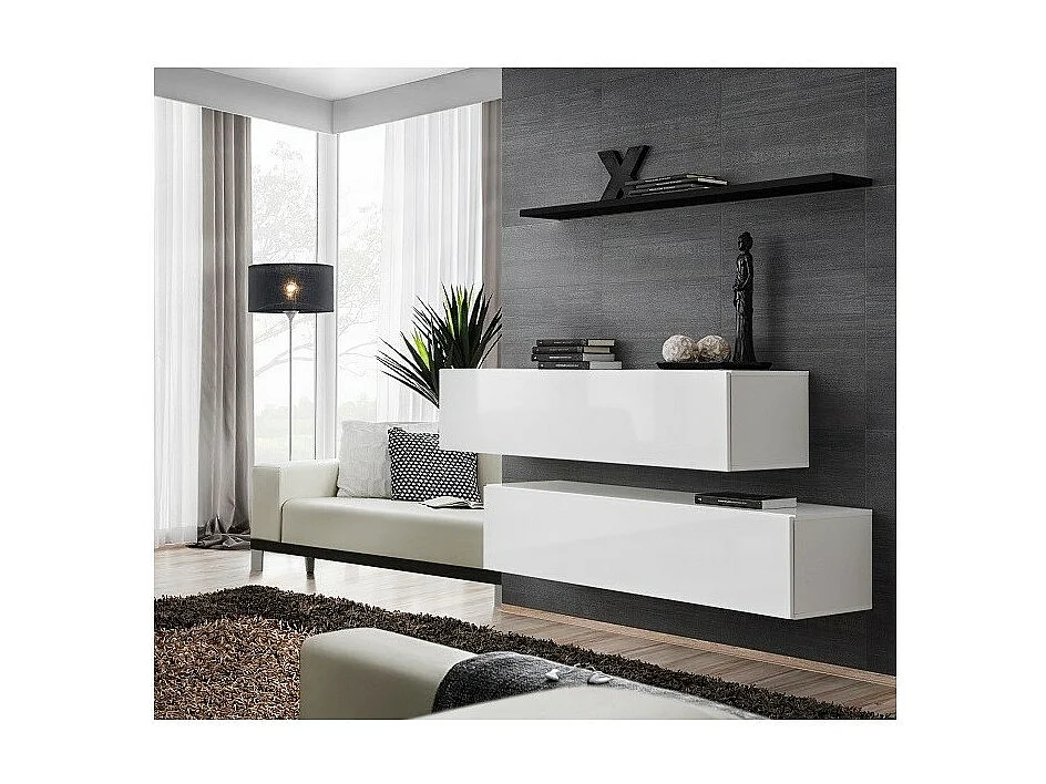 Wohnzimmermöbelset SWITCH SBII Design, in glänzend weißer Farbe und mit schwarzem Regal.