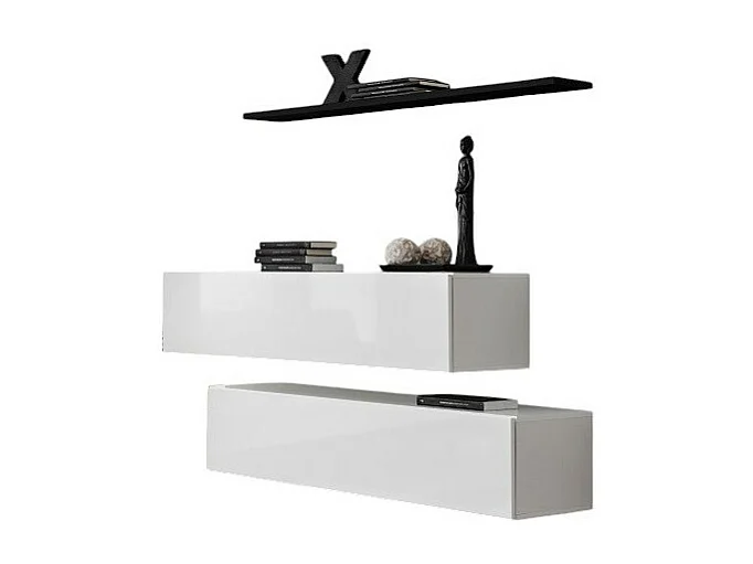 Woonkamer meubelset SWITCH SBII design, in glanzend wit en met een zwarte plank.