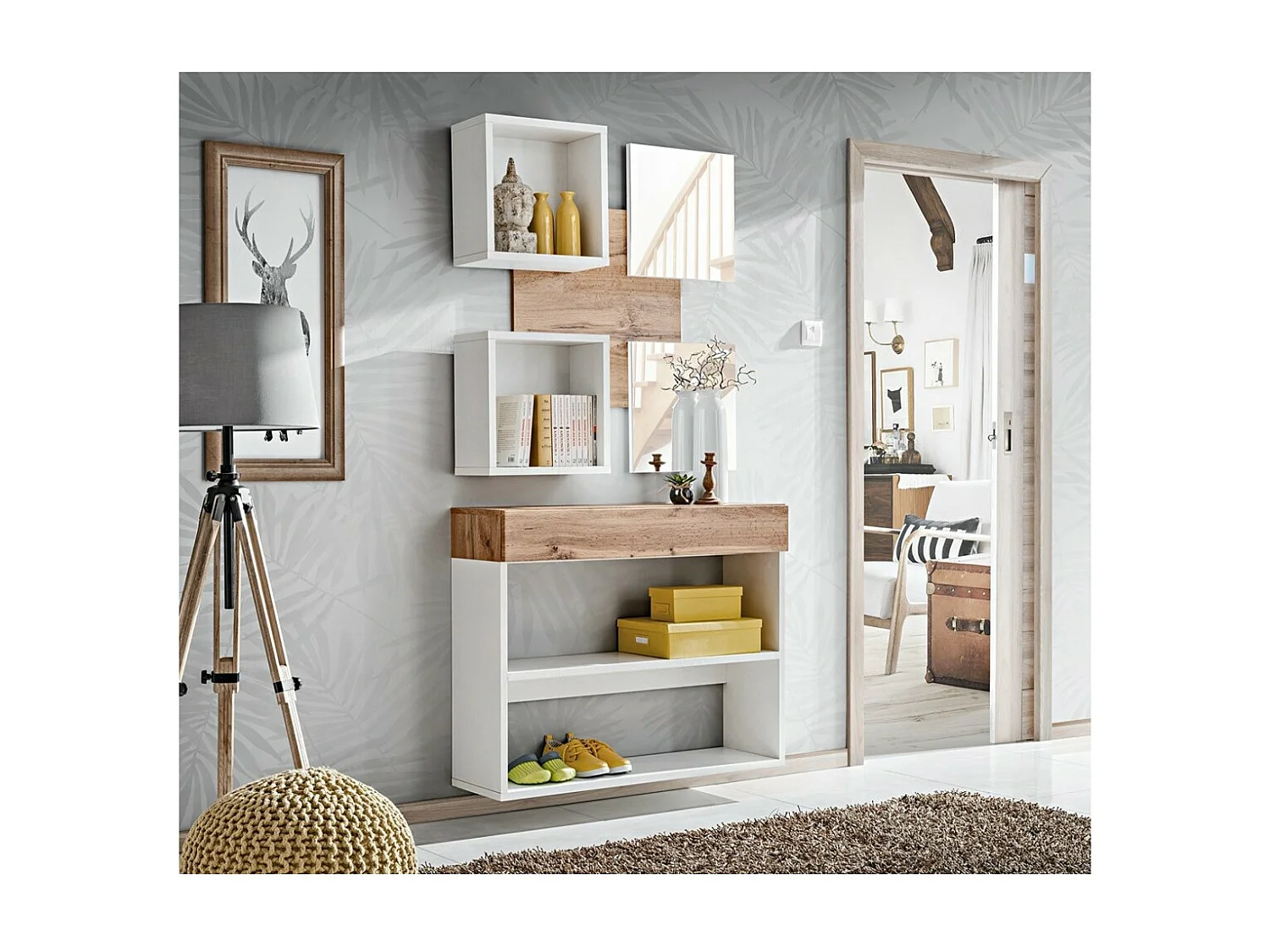 Halmeubel - TORTH 4 - Kleur eiken en wit