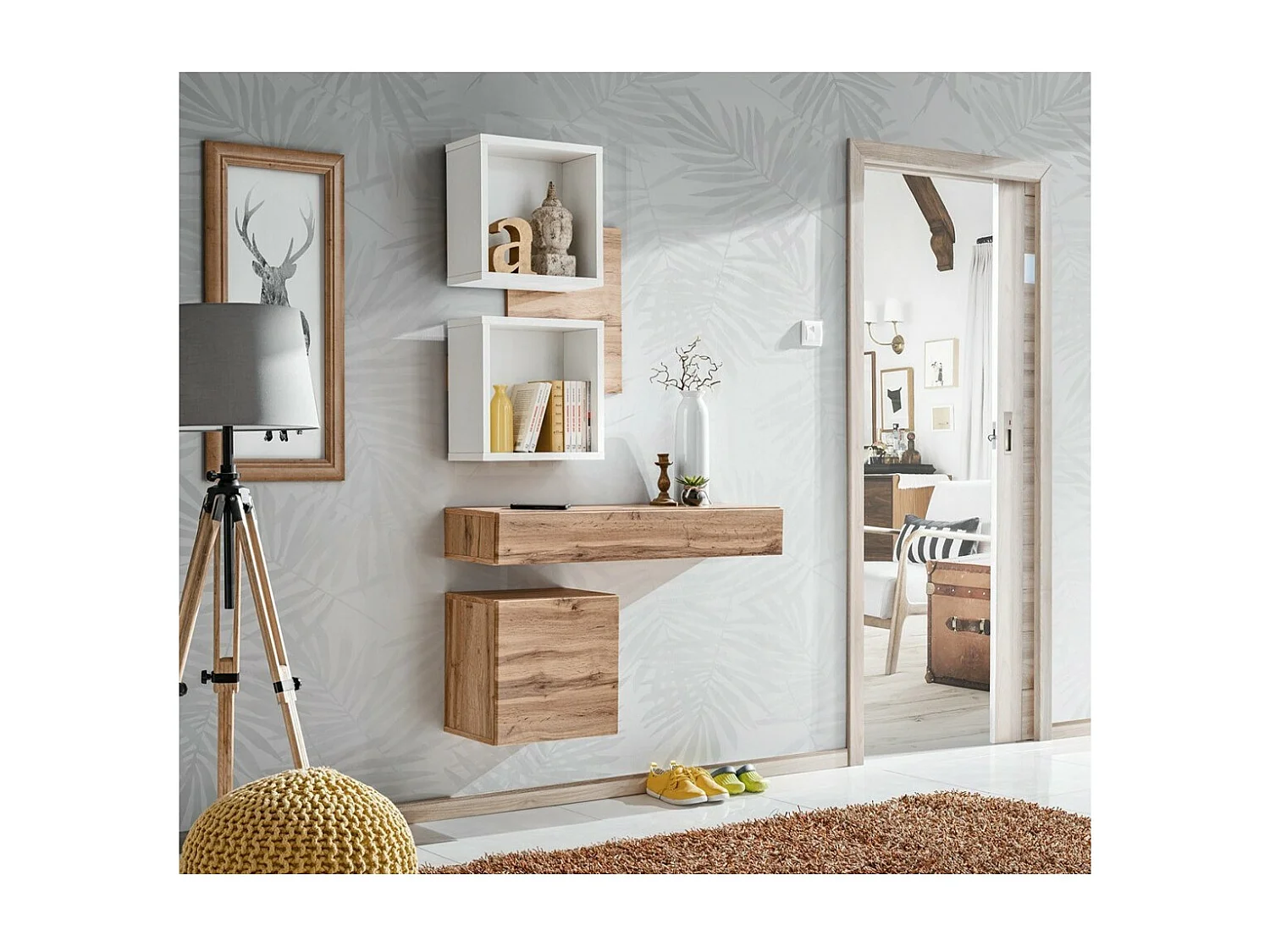 Eingangsmöbel TORTH 3 - Komplettset - Farbe Eiche und Weiß - Modernes und funktionales Design