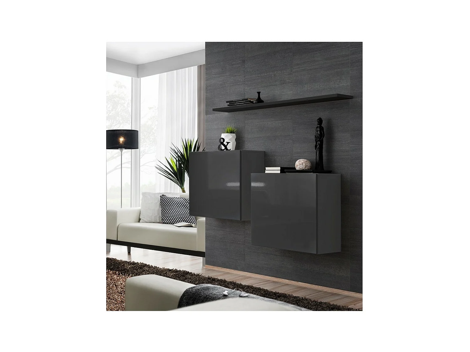 Wohnzimmermöbel-Set SWITCH SBI Design, in glänzendem Grau mit schwarzem Regal.
