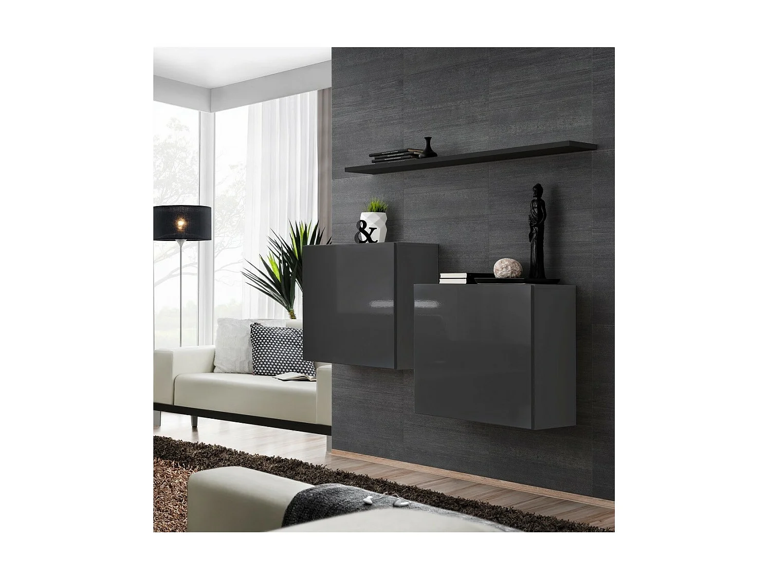 Woonkamerset SWITCH SBI design, glanzend grijze kleur en zwart rek.