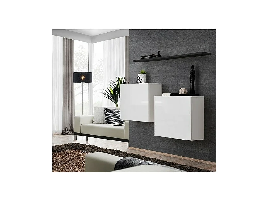 Wohnzimmermöbel-Set SWITCH SBI Design, in glänzend weißer Farbe und mit schwarzem Regal.