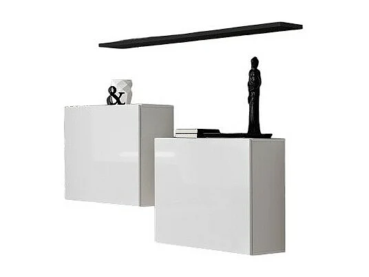 Woonkamermeubelset SWITCH SBI design, in glanzend wit met zwarte plank.