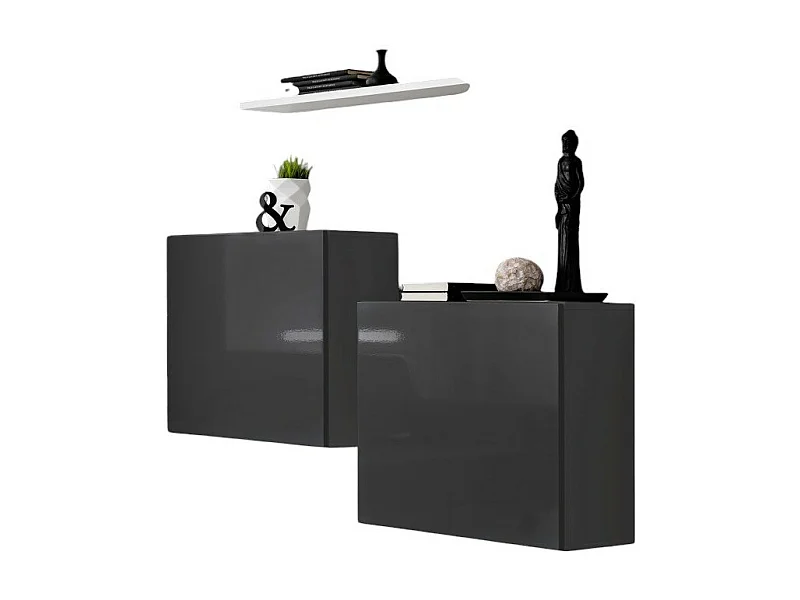 Wohnzimmermöbelset SWITCH SBI Design, in glänzendem Grau und mit weißem Regal.