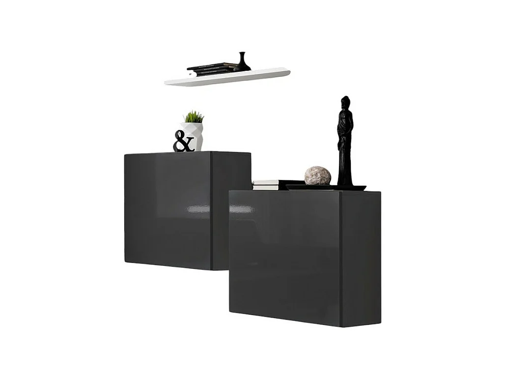 Wohnzimmermöbelset SWITCH SBI Design, in glänzendem Grau und mit weißem Regal.