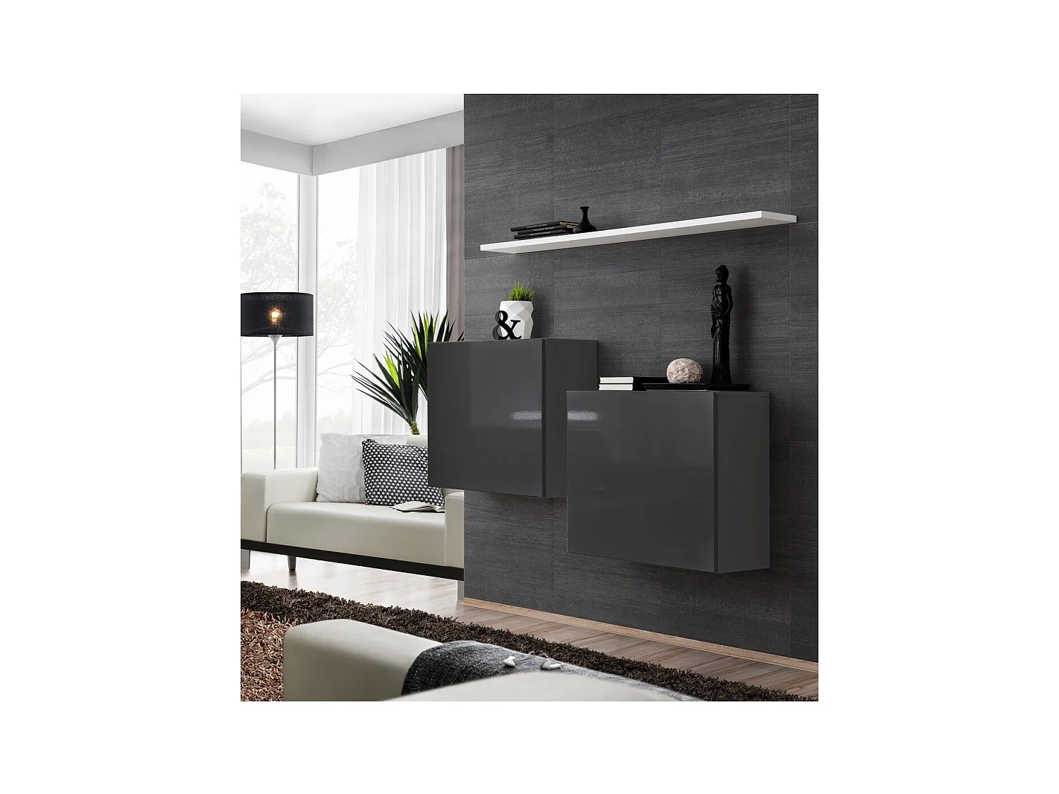 Wohnzimmermöbelset SWITCH SBI Design, in glänzendem Grau und mit weißem Regal.