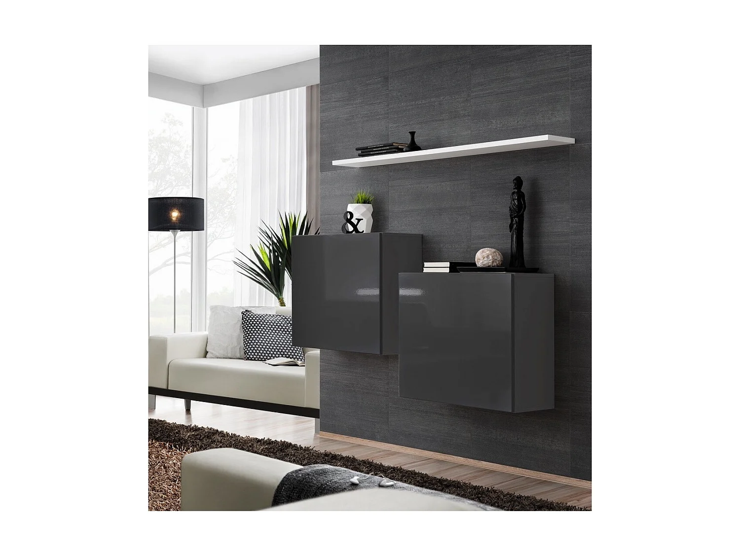 Ensemble meubles de salon SWITCH SBI design, coloris gris brillant et étagère blanche.