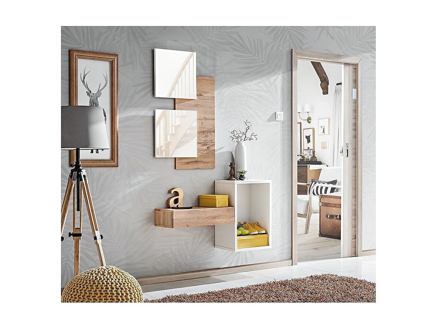 Meuble d'entrée TORTH 1 – Ensemble complet – Coloris chêne et blanc – Design moderne et pratique