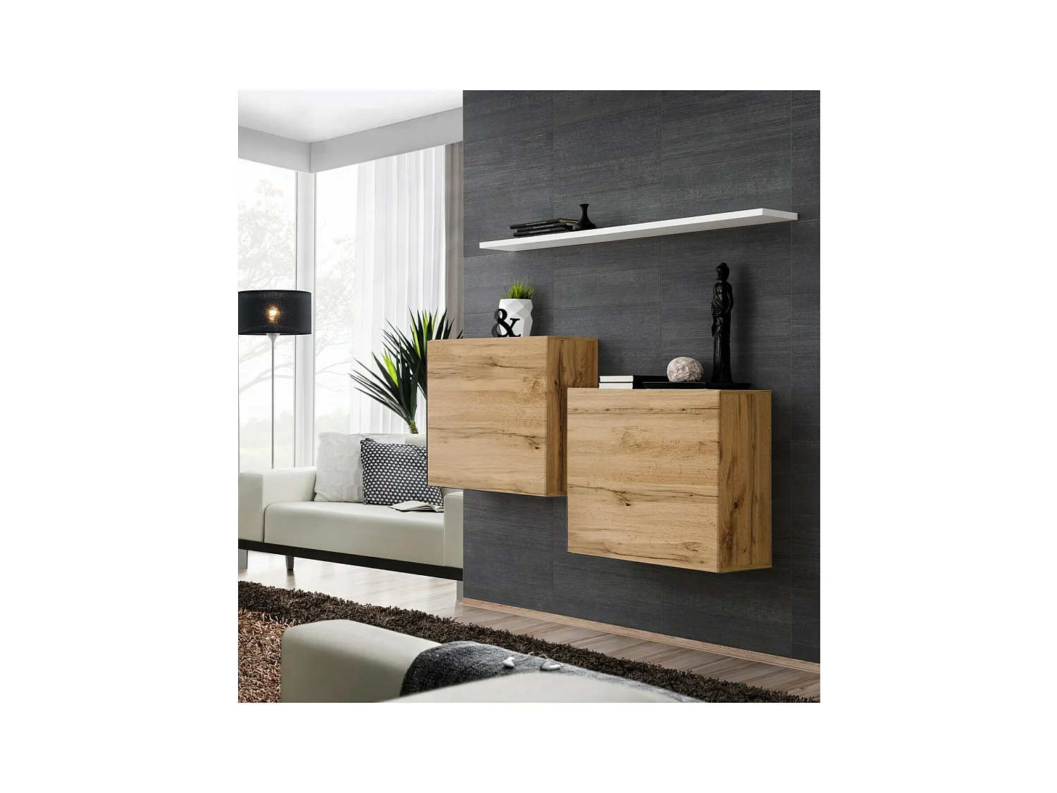 Wohnzimmermöbelset SWITCH SBI im Design, Wotan-Eichenfarbe und weißes Regal.