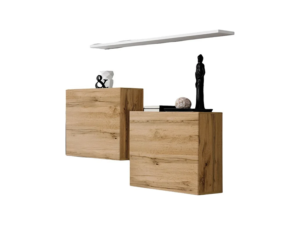 Ensemble meubles de salon SWITCH SBI design, coloris chêne Wotan et étagère blanche.