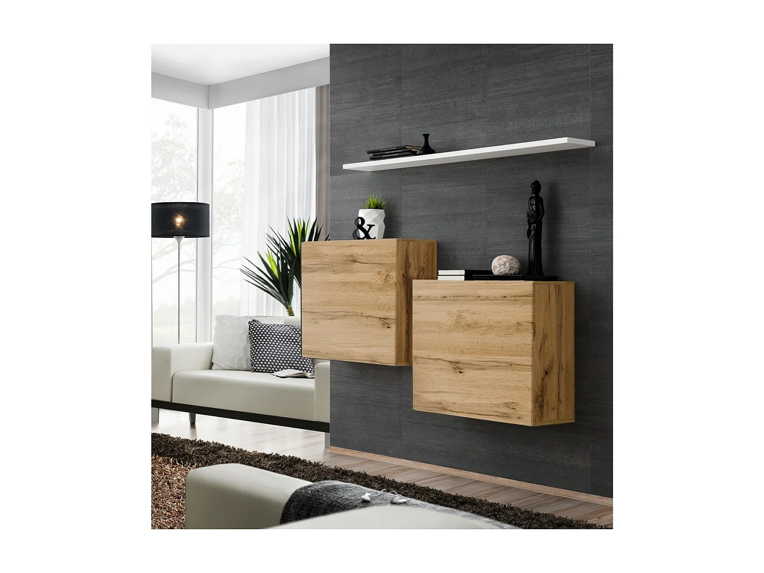 Wohnzimmermöbelset SWITCH SBI im Design, Wotan-Eichenfarbe und weißes Regal.