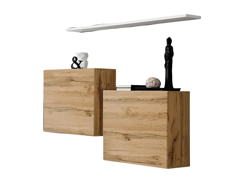 Ensemble meubles de salon SWITCH SBI design, coloris chêne Wotan et étagère blanche.