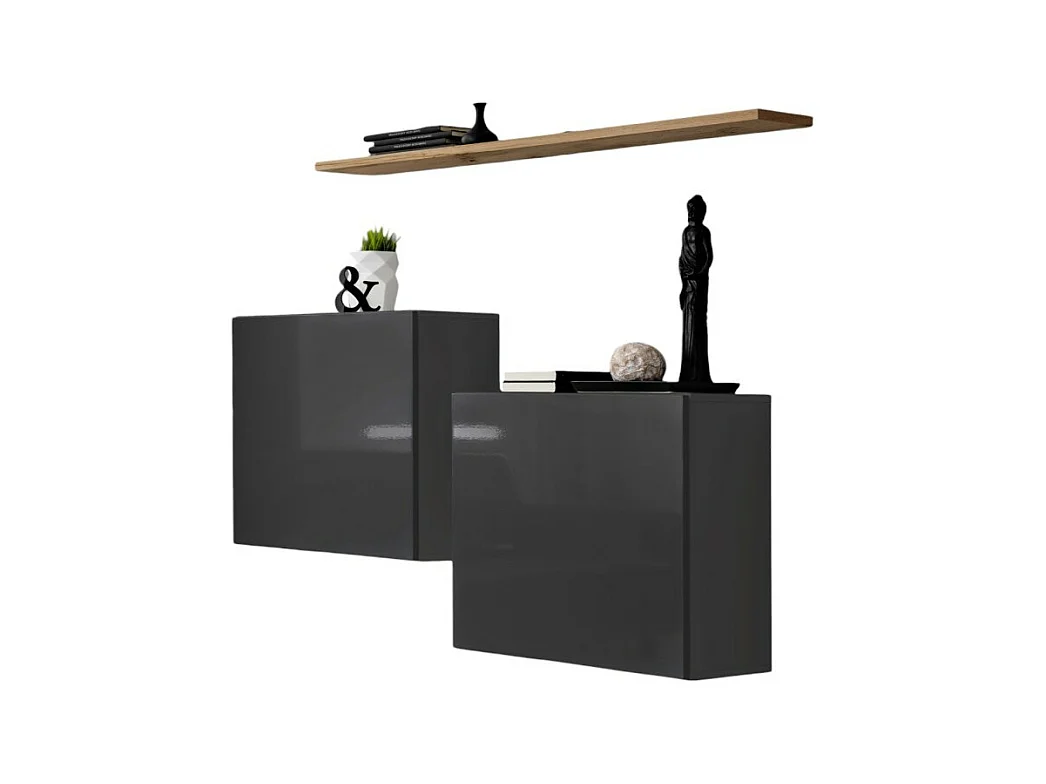 Wohnzimmermöbel-Set SWITCH SBI im Design, glänzend graue Farbe und Wotan-Eichenregal.