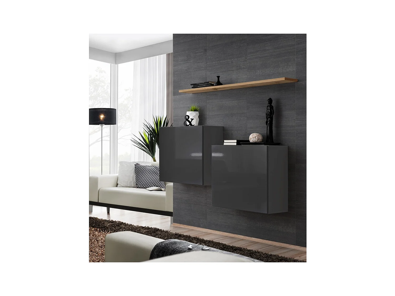 Wohnzimmermöbel-Set SWITCH SBI im Design, glänzend graue Farbe und Wotan-Eichenregal.