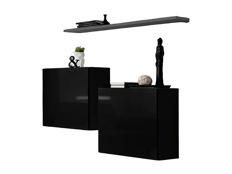 Woonkamerset SWITCH SBI design, in glanzend zwart met grijze plank.