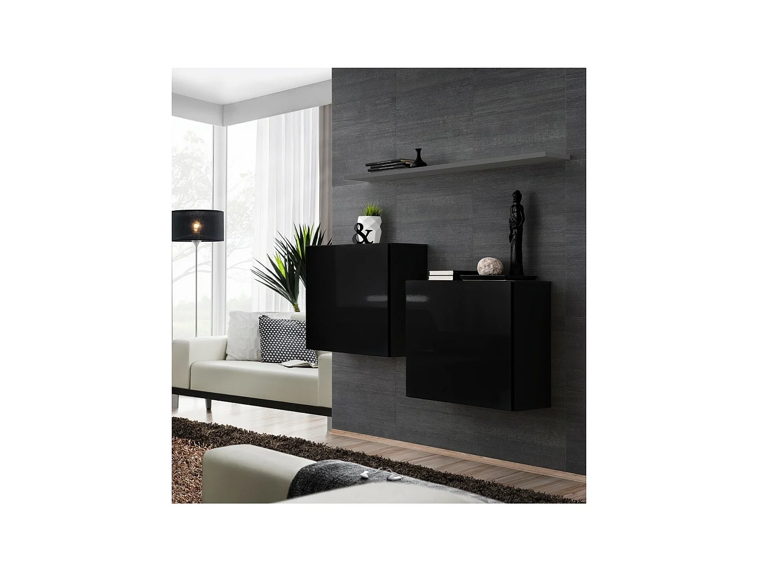 Woonkamerset SWITCH SBI design, in glanzend zwart met grijze plank.