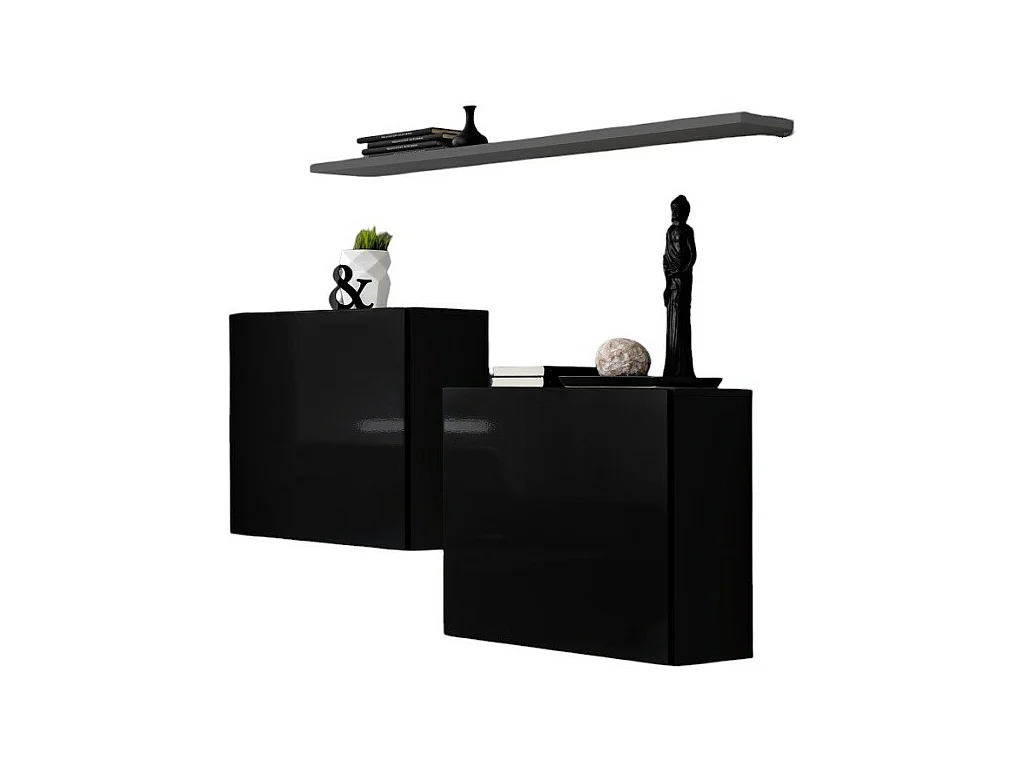 Ensemble meubles de salon SWITCH SBI design, coloris noir brillant et étagère grise.
