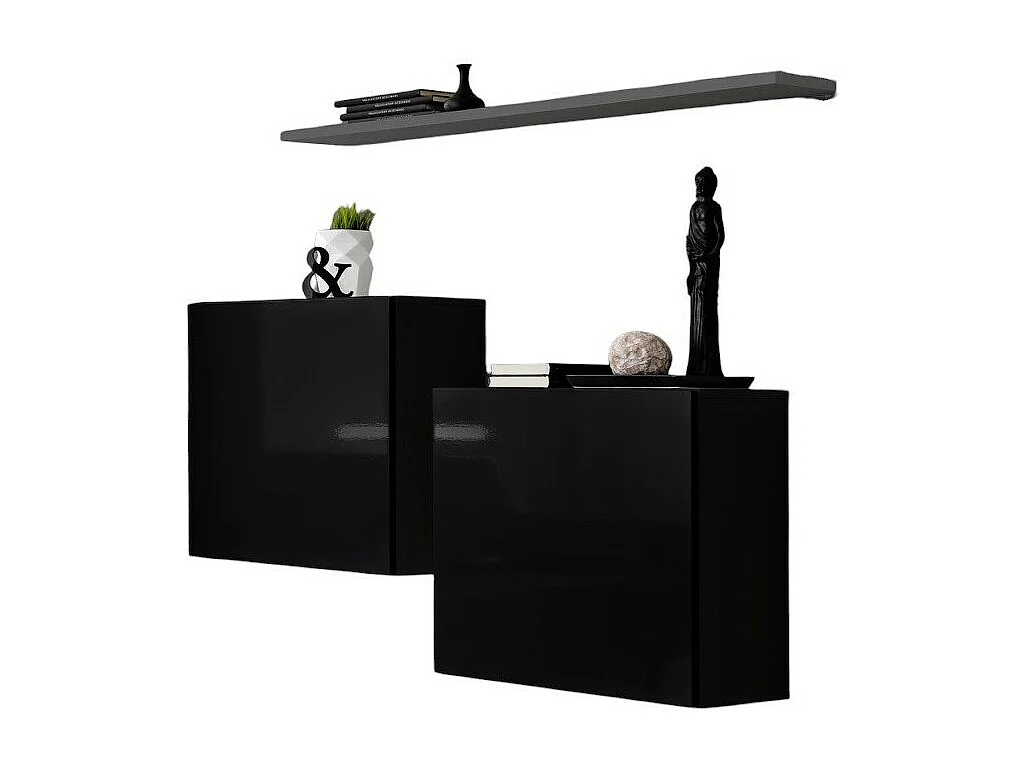 Ensemble meubles de salon SWITCH SBI design, coloris noir brillant et étagère grise.