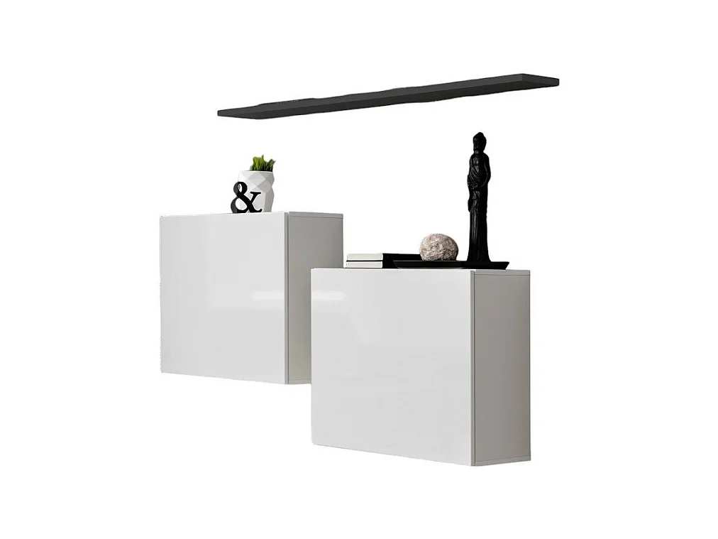 Wohnzimmermöbel-Set SWITCH SBI Design, in glänzendem Weiß und mit grauem Regal.