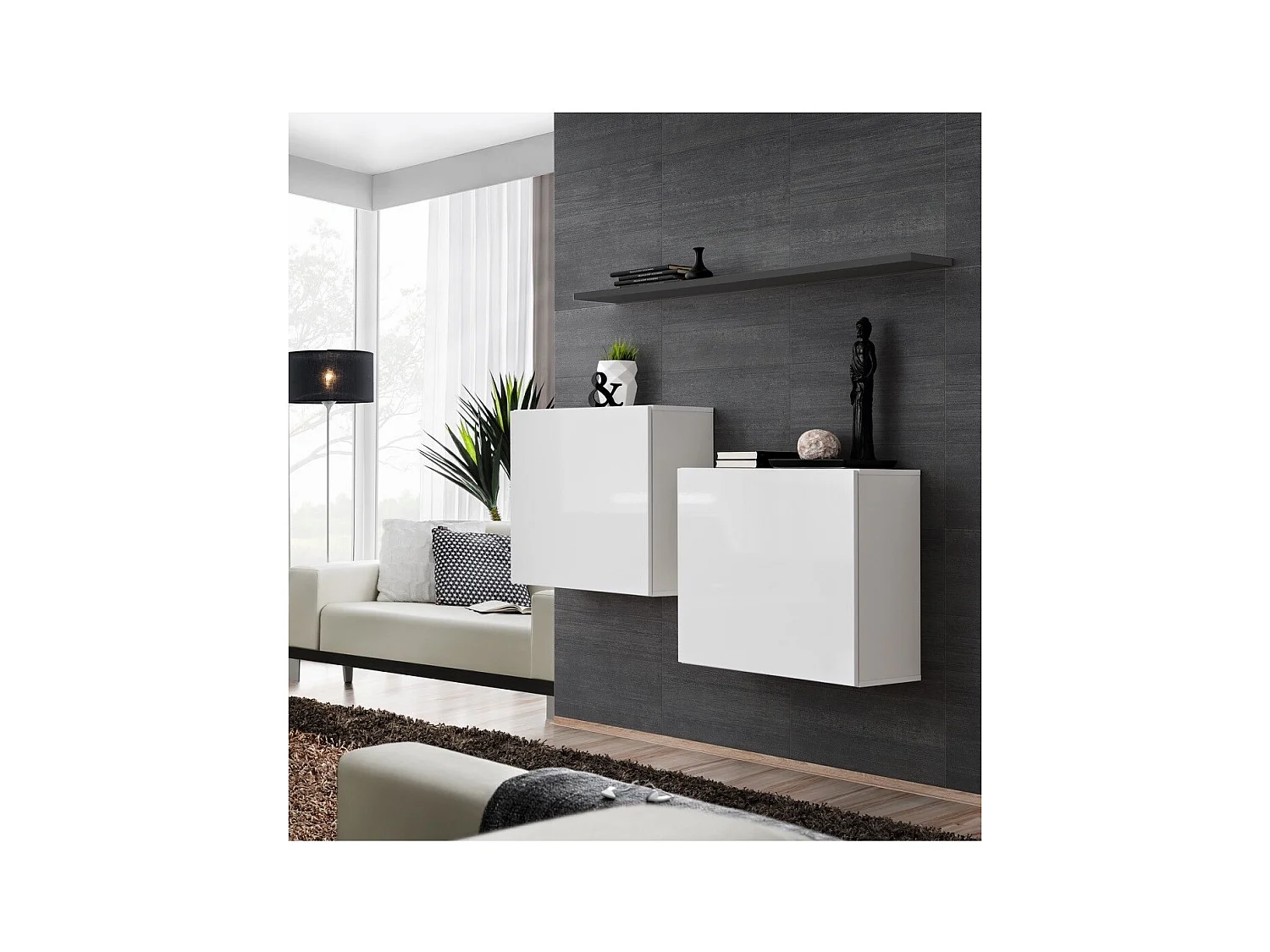 Wohnzimmermöbel-Set SWITCH SBI Design, in glänzendem Weiß und mit grauem Regal.