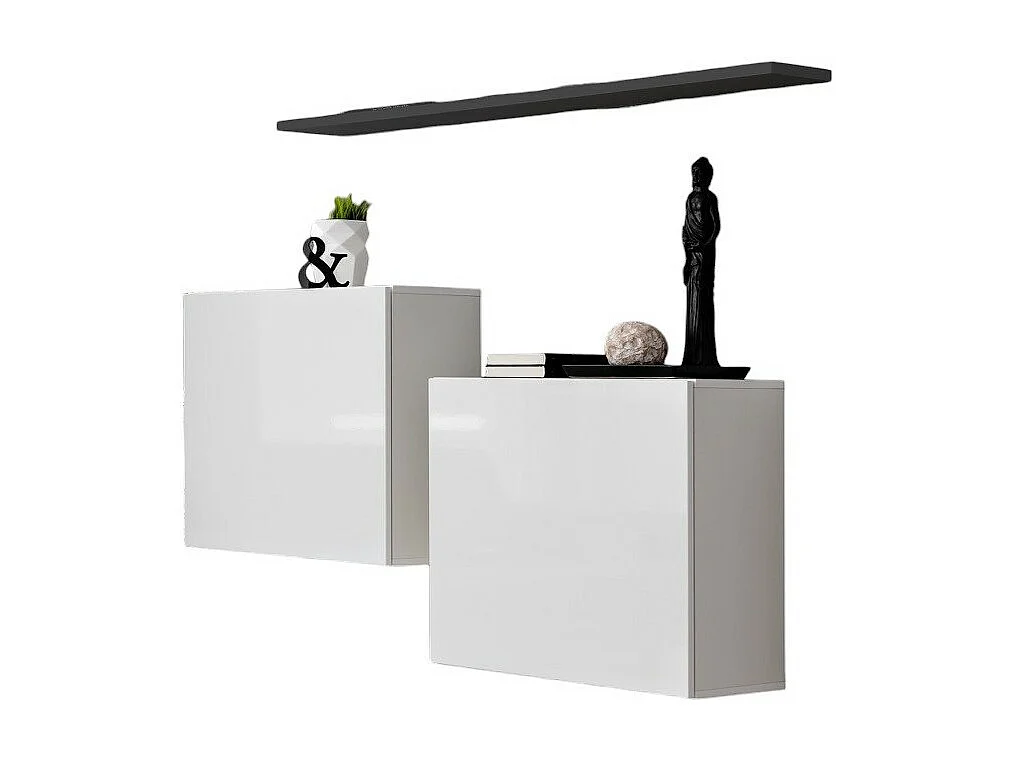 Wohnzimmermöbel-Set SWITCH SBI Design, in glänzendem Weiß und mit grauem Regal.
