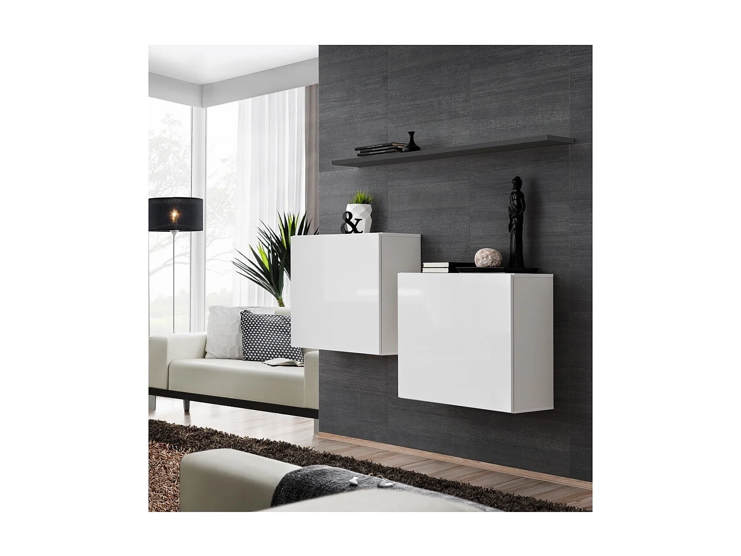 Wohnzimmermöbel-Set SWITCH SBI Design, in glänzendem Weiß und mit grauem Regal.
