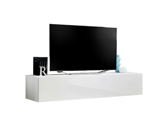 Meuble TV suspendu FLY – Design moderne – Blanc brillant – Système Push to Open
