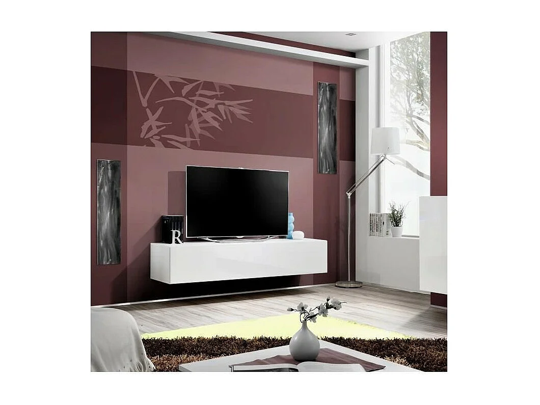 Meuble TV suspendu FLY – Design moderne – Blanc brillant – Système Push to Open