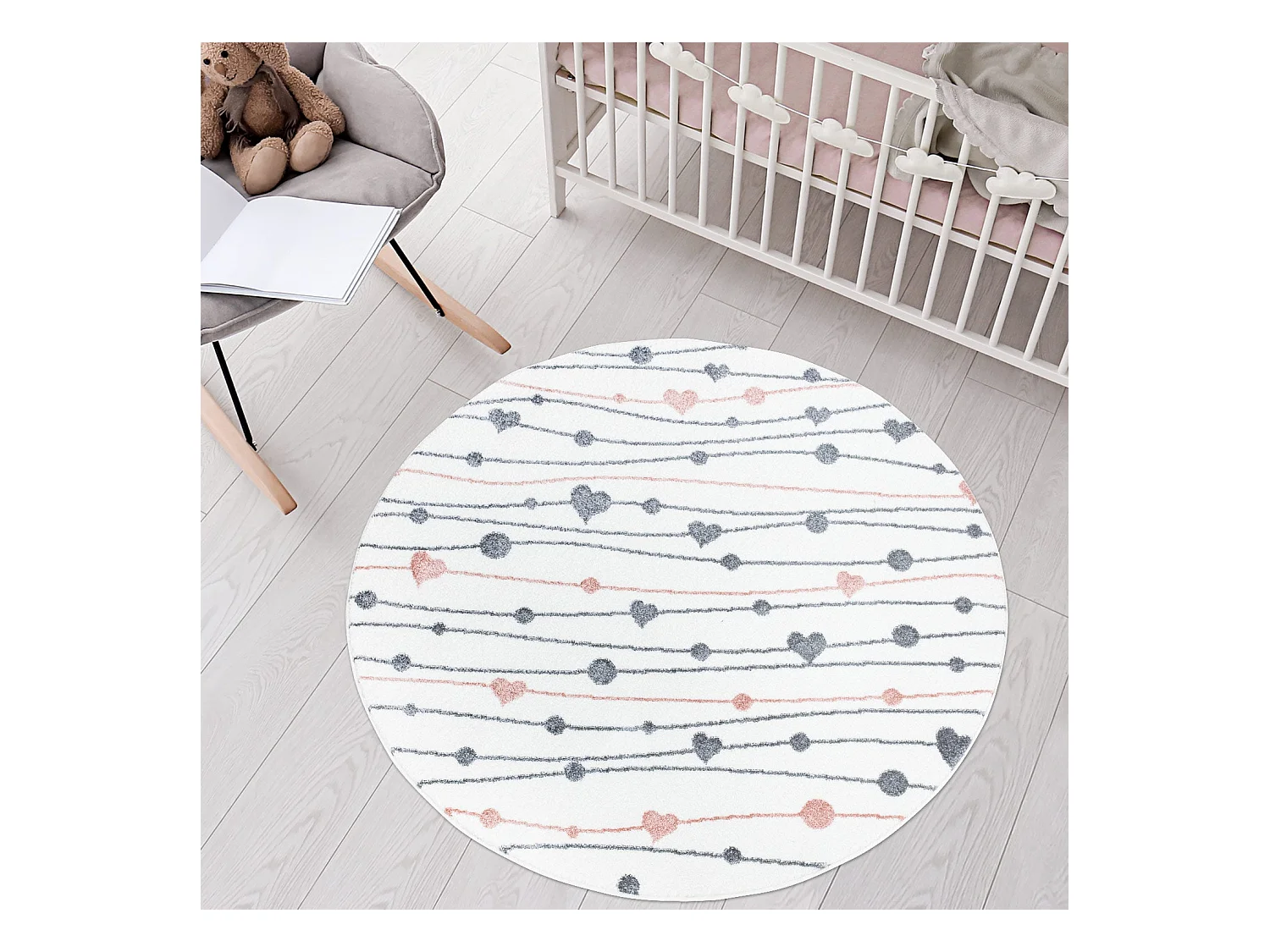 Tapis Rond pour chambre d'enfant Blanc Guirlandes Rose et Gris 120x120cm