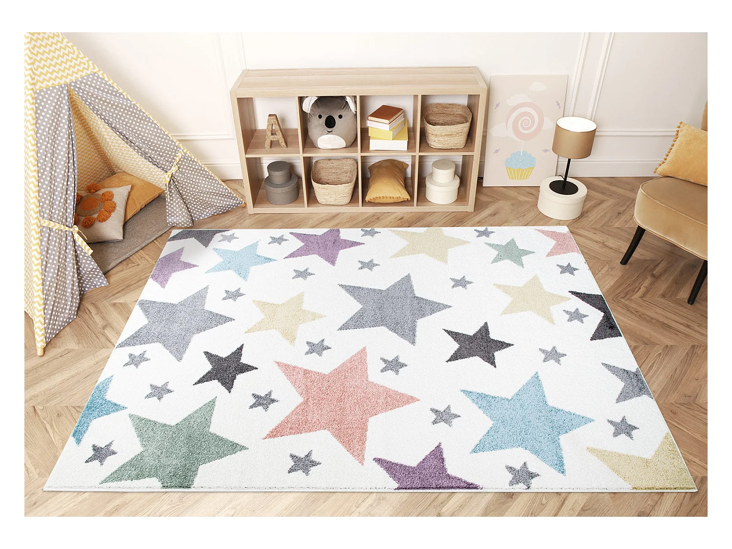 Tapis pour chambre d'enfant Blanc Etoiles Multicolores 80x150cm