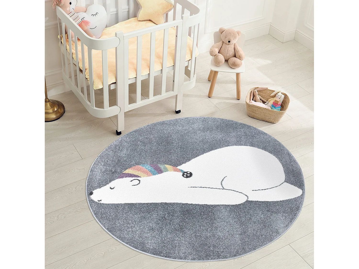 Tapis Rond pour chambre d'enfant Gris Motif Ours Blanc 120x120cm