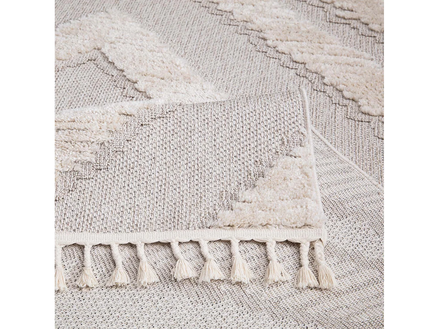 Tapis Boho Chic à franges tressées Crème/GrisBleu 200x290cm