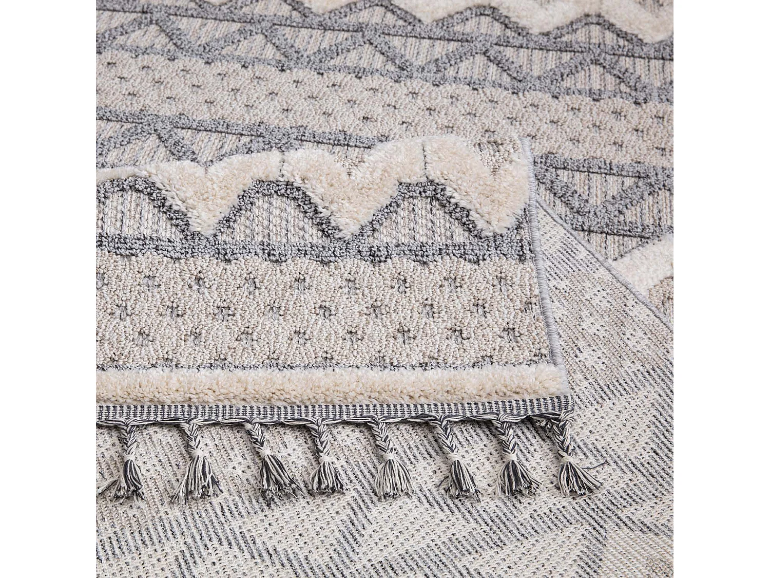 Tapis Boho Chic à franges tressées Gris/Crème 200x290cm