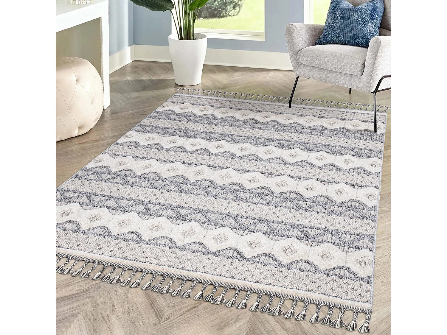 Tapis Boho Chic à franges tressées Gris/Crème 160x230cm