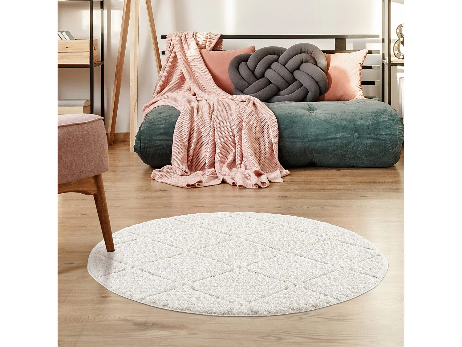 AMORE 01 - Tapis rond à poils longs et relief crème 200x200cm